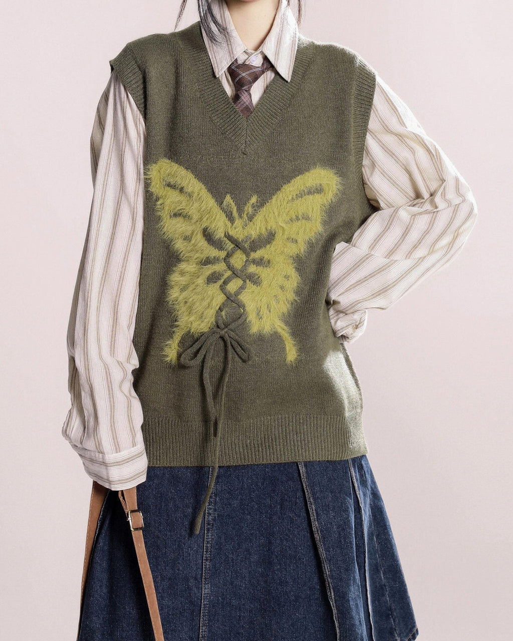 OLIVE GREEN BUTTERFLY SLEEVELESS SWEATER VEST