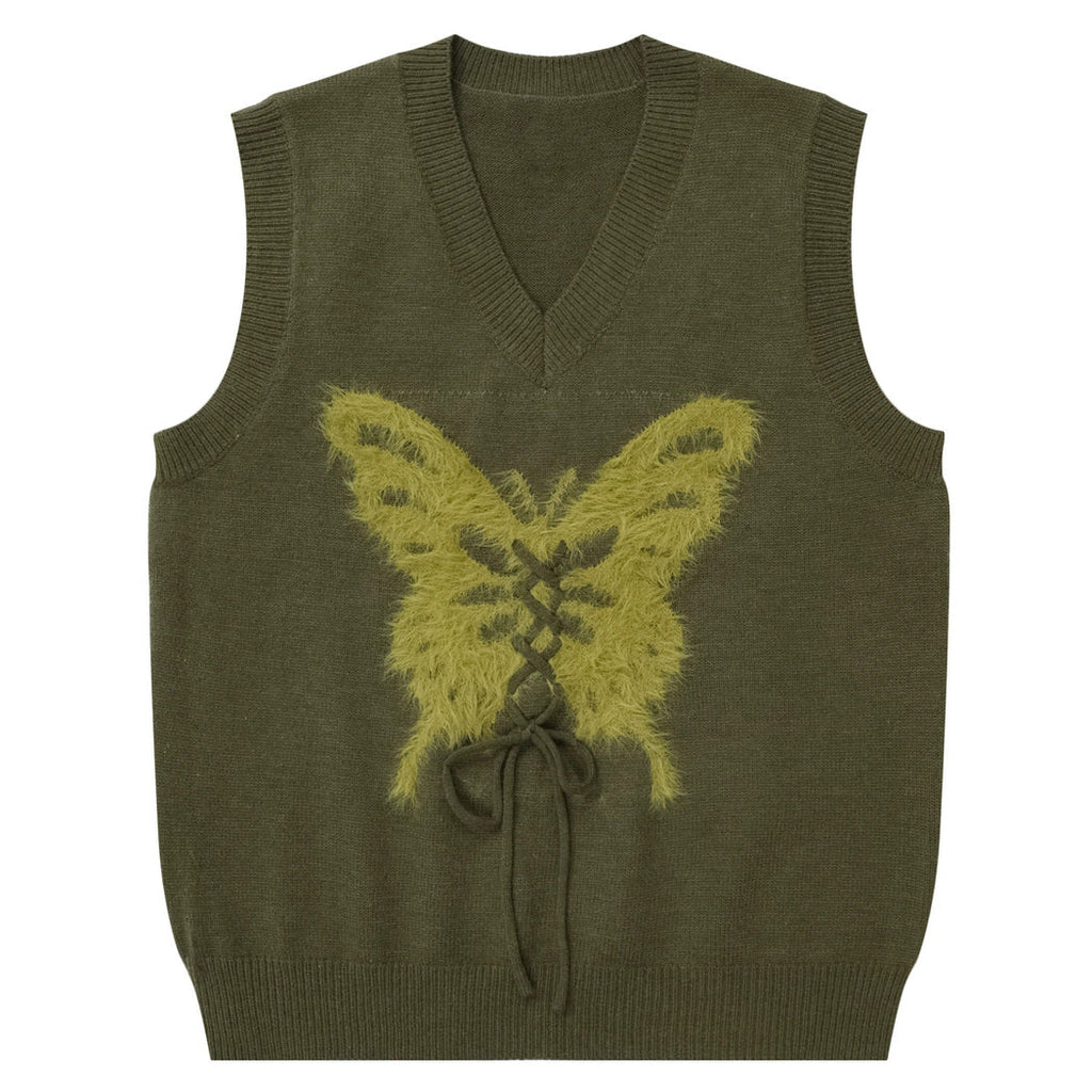 OLIVE GREEN BUTTERFLY SLEEVELESS SWEATER VEST