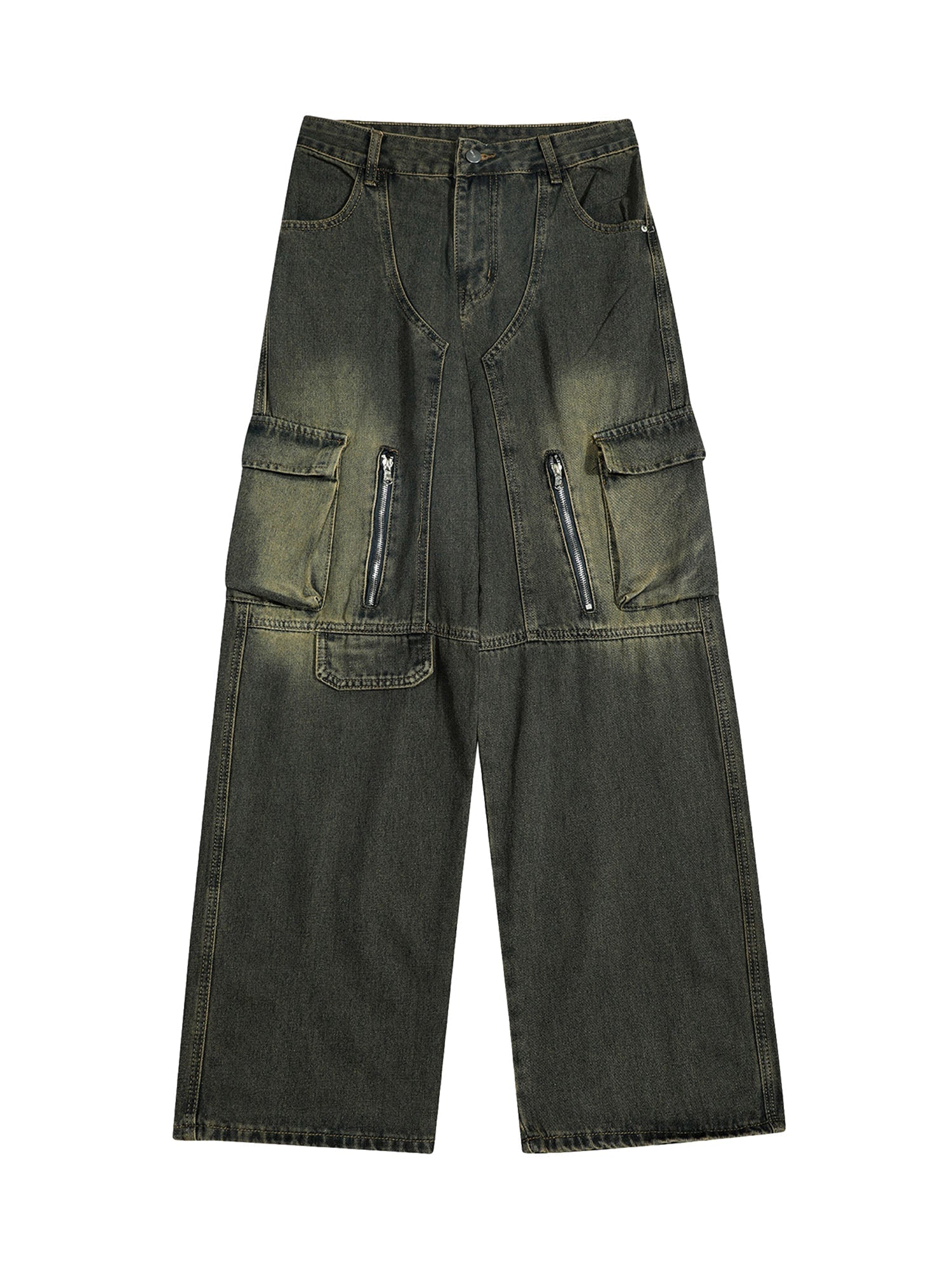 OLIVE GREEN CARGO JEANS MID WAIST STRAIGHT LEG DESIGN