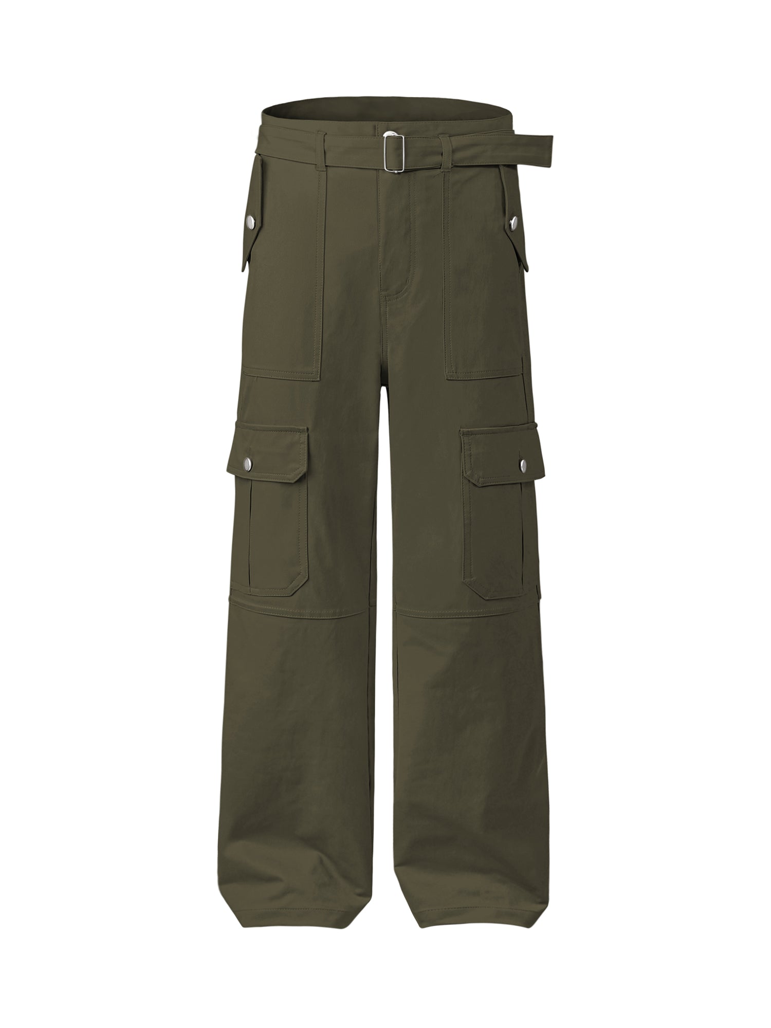 OLIVE GREEN CARGO PANTS WITH BELT LONG STRAIGHT LEG DESIGN