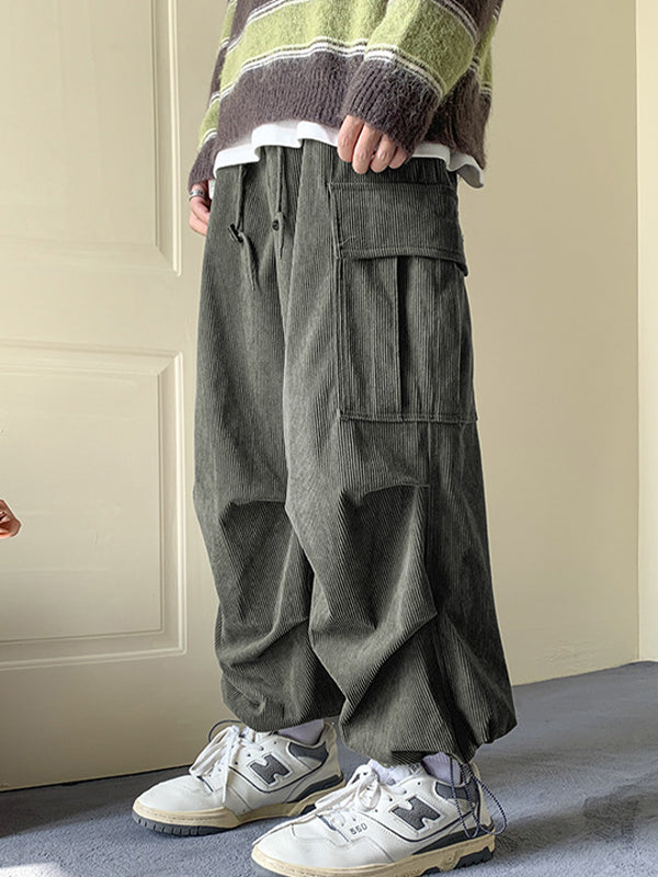 OLIVE GREEN CORDUROY CARGO PANTS WITH TIED FEET HIGH QUALITY DESIGN