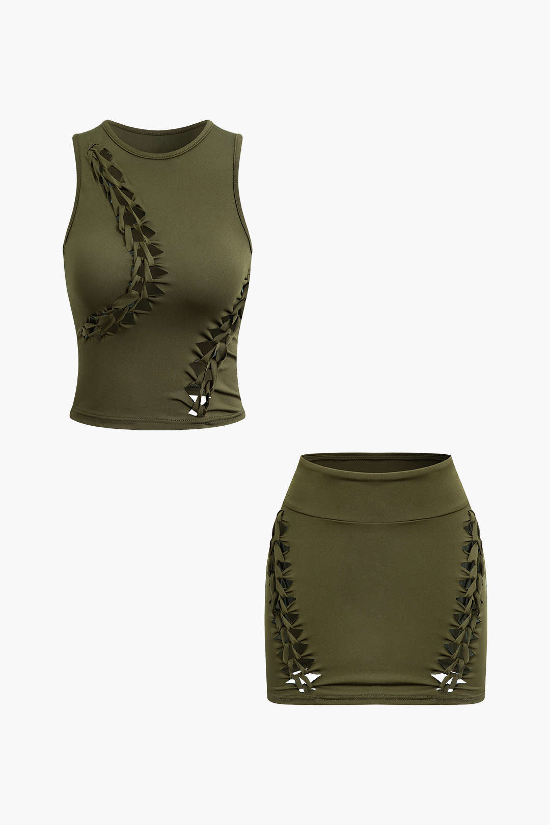 OLIVE GREEN CROP TOP AND SKIRT SET WITH CUTOUTS IN SOFT STRETCH FABRIC