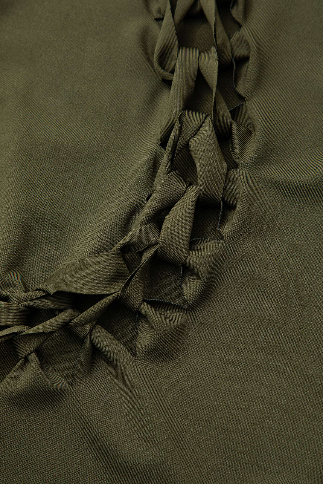 OLIVE GREEN CROP TOP AND SKIRT SET WITH CUTOUTS IN SOFT STRETCH FABRIC