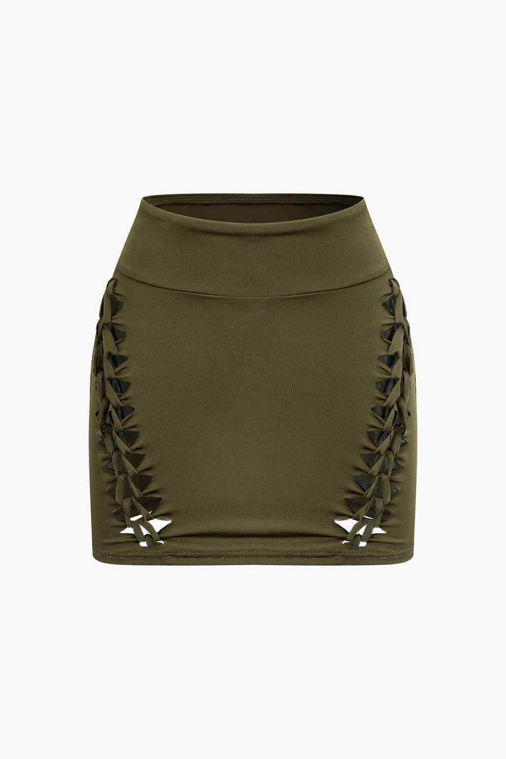 OLIVE GREEN CROP TOP AND SKIRT SET WITH CUTOUTS IN SOFT STRETCH FABRIC
