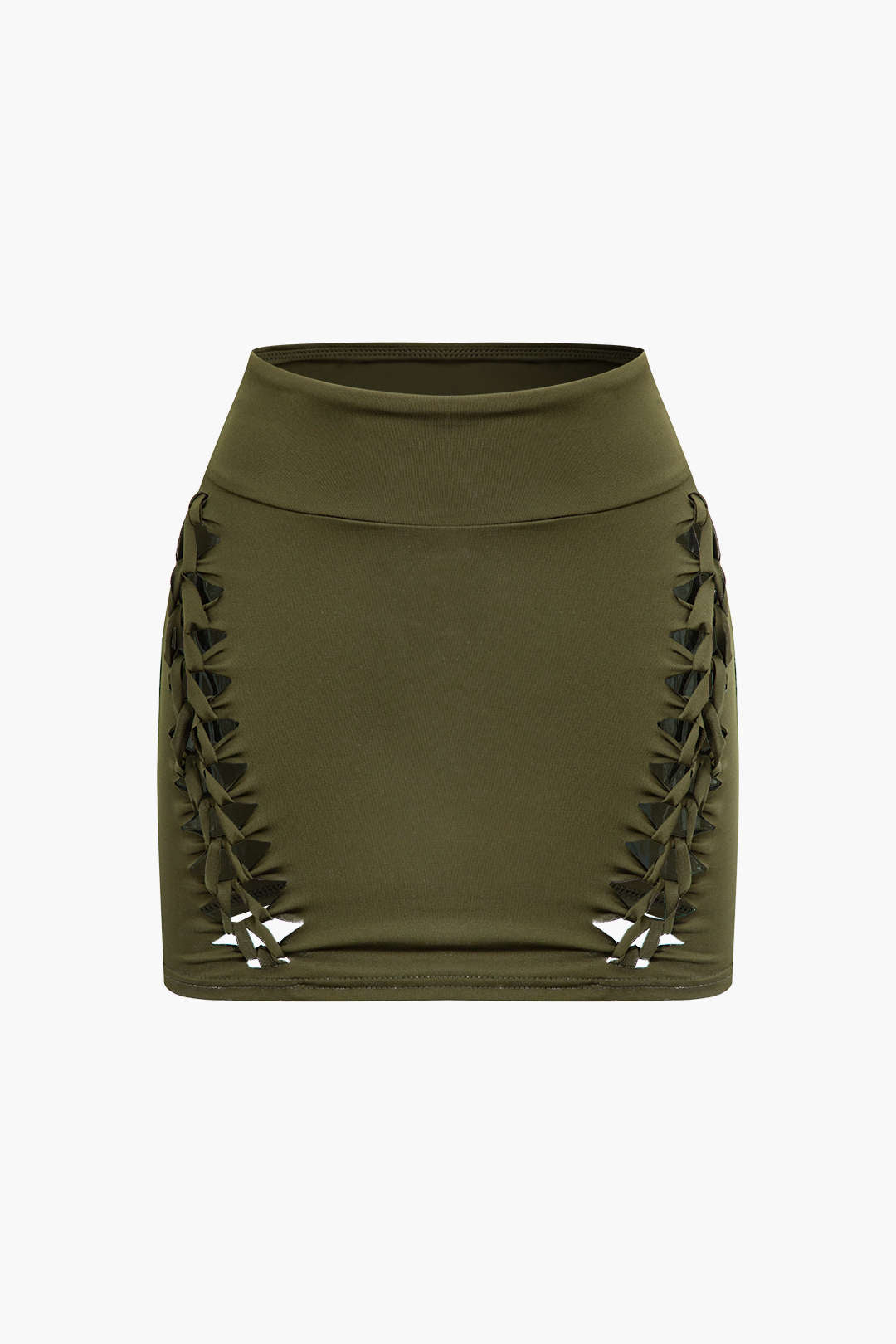 OLIVE GREEN CROP TOP AND SKIRT SET WITH CUTOUTS IN SOFT STRETCH FABRIC