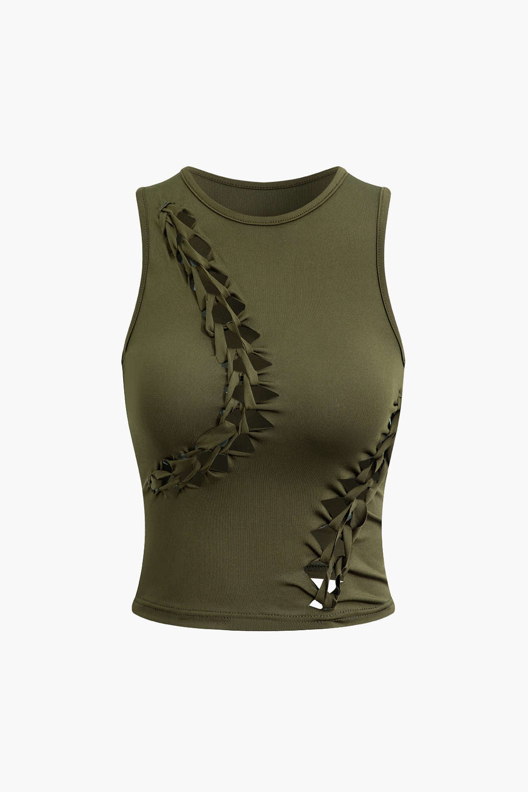 OLIVE GREEN CROP TOP AND SKIRT SET WITH CUTOUTS IN SOFT STRETCH FABRIC