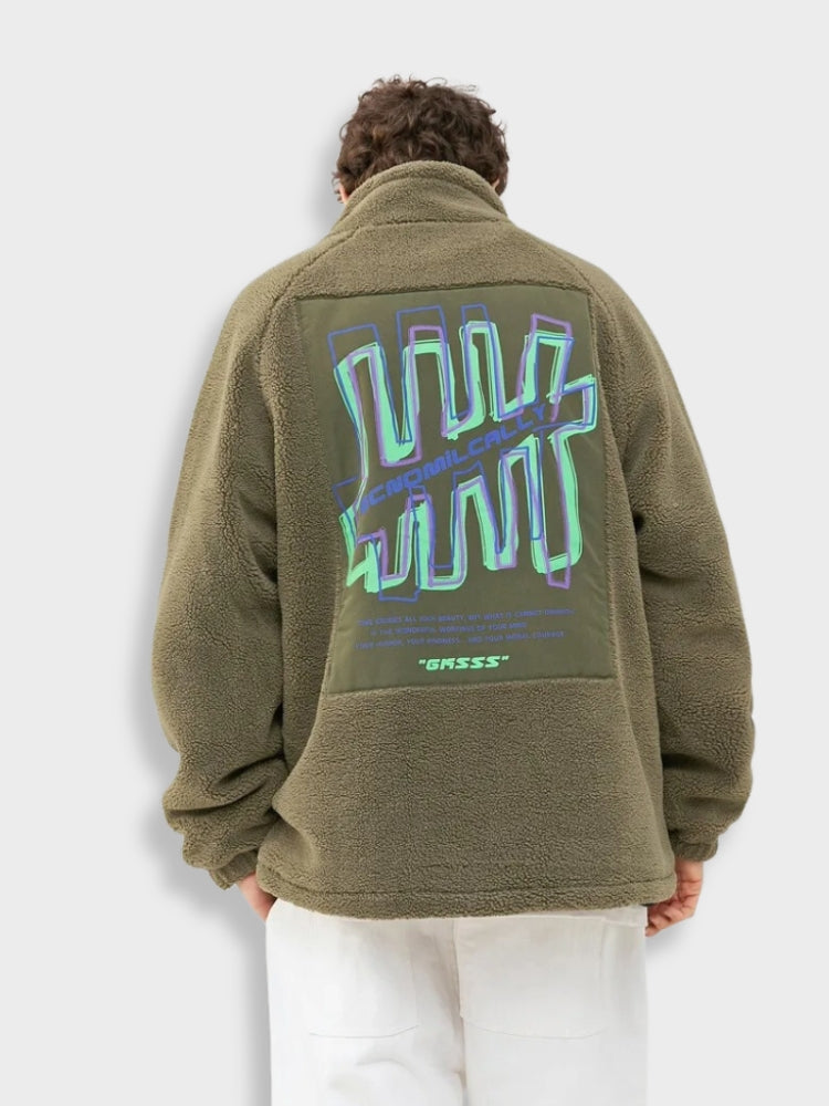 OLIVE GREEN FLEECE JACKET LOOSE FIT GASSS JACKET