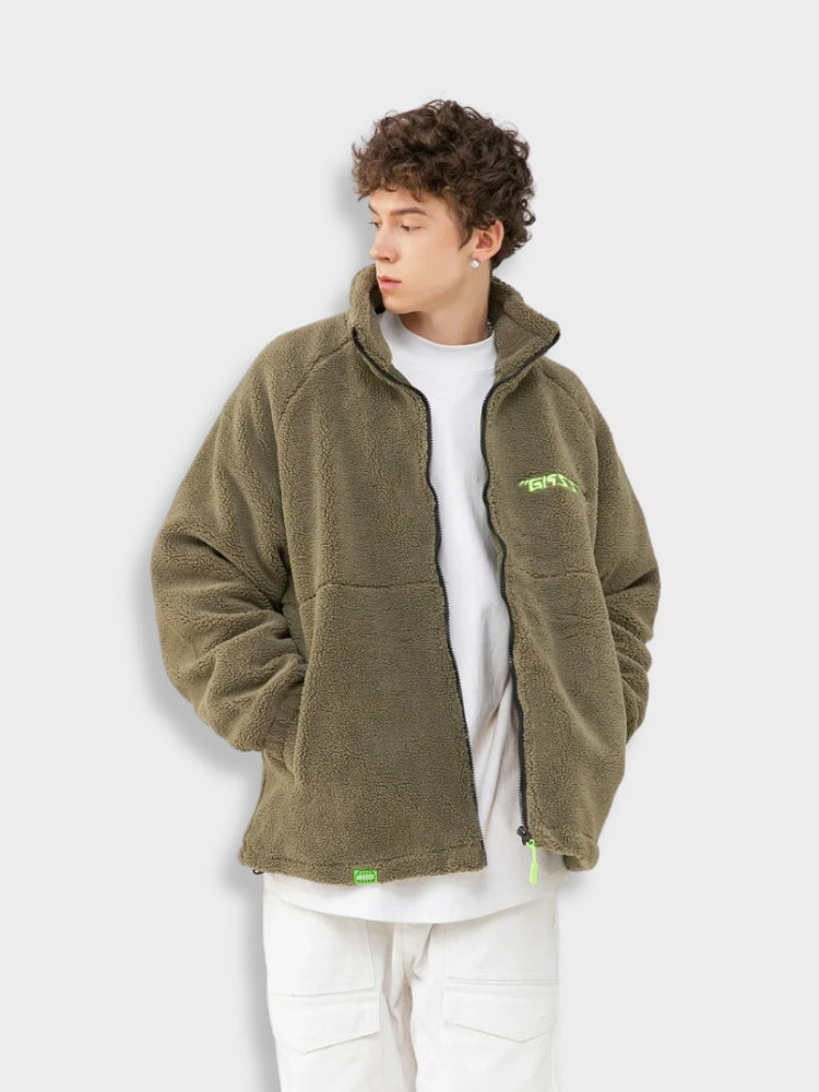OLIVE GREEN FLEECE JACKET LOOSE FIT GASSS JACKET