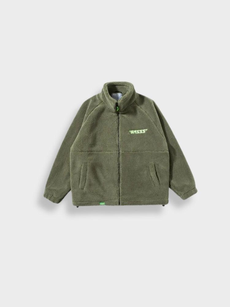 OLIVE GREEN FLEECE JACKET LOOSE FIT GASSS JACKET