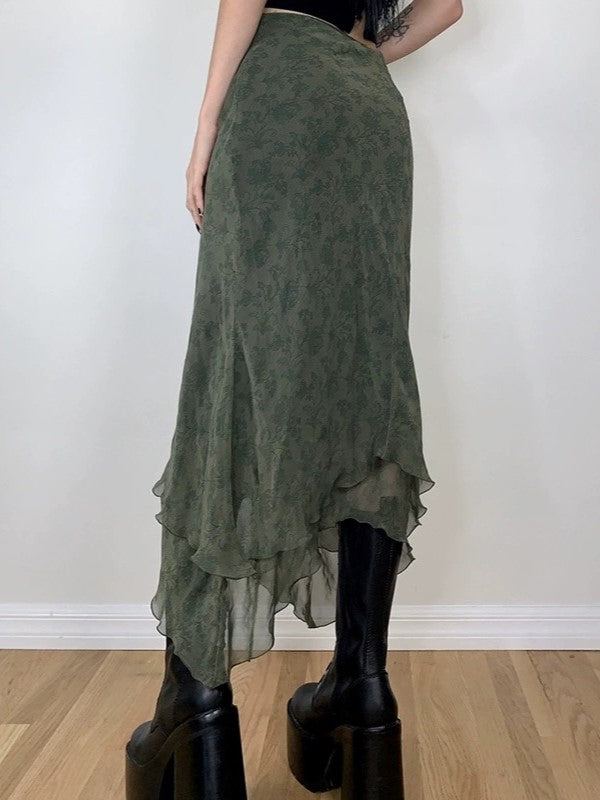OLIVE GREEN FLORAL MIDI SKIRT VINTAGE-INSPIRED MIDI SKIRT
