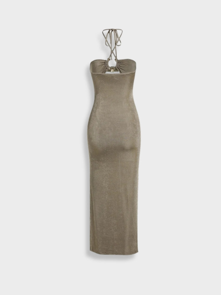 OLIVE GREEN HALTER DRESS WITH THIGH SLIT - PERFECT FIT STRETCH DRESS