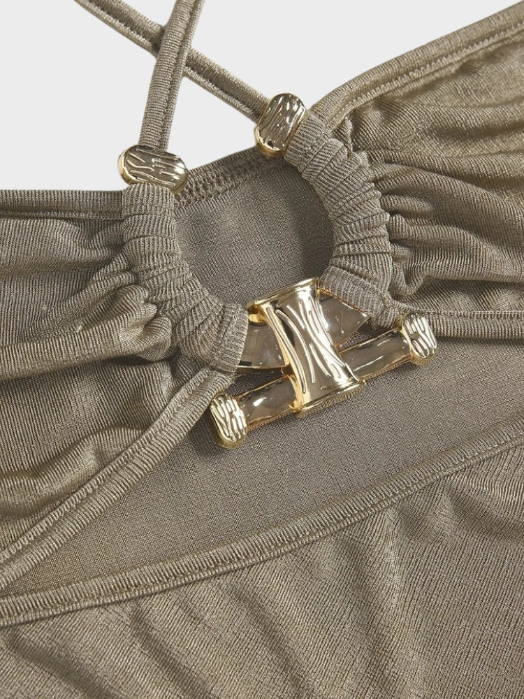 OLIVE GREEN HALTER DRESS WITH THIGH SLIT - PERFECT FIT STRETCH DRESS