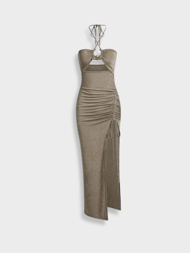 OLIVE GREEN HALTER DRESS WITH THIGH SLIT - PERFECT FIT STRETCH DRESS