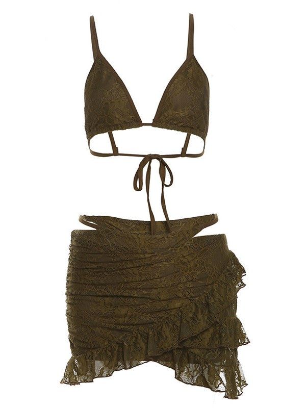 OLIVE GREEN LACE BIKINI SET WITH SKIRT - CHIC BIKINI SET