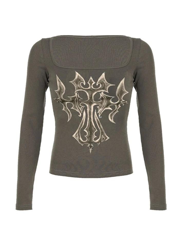 OLIVE GREEN LONG SLEEVE SHIRT WITH CROSS DESIGN AND SLIM FIT