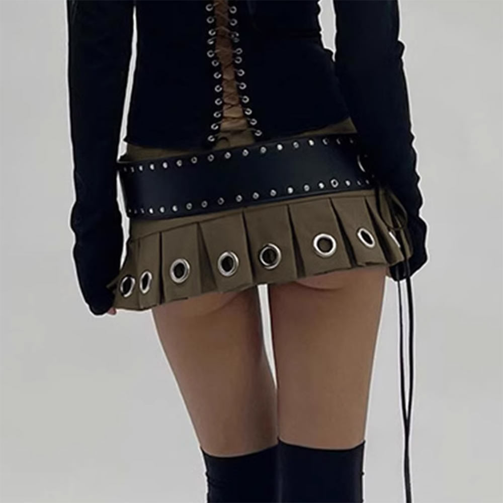 OLIVE GREEN MINI SKIRT WITH BELT EYELET PLEATED MICRO