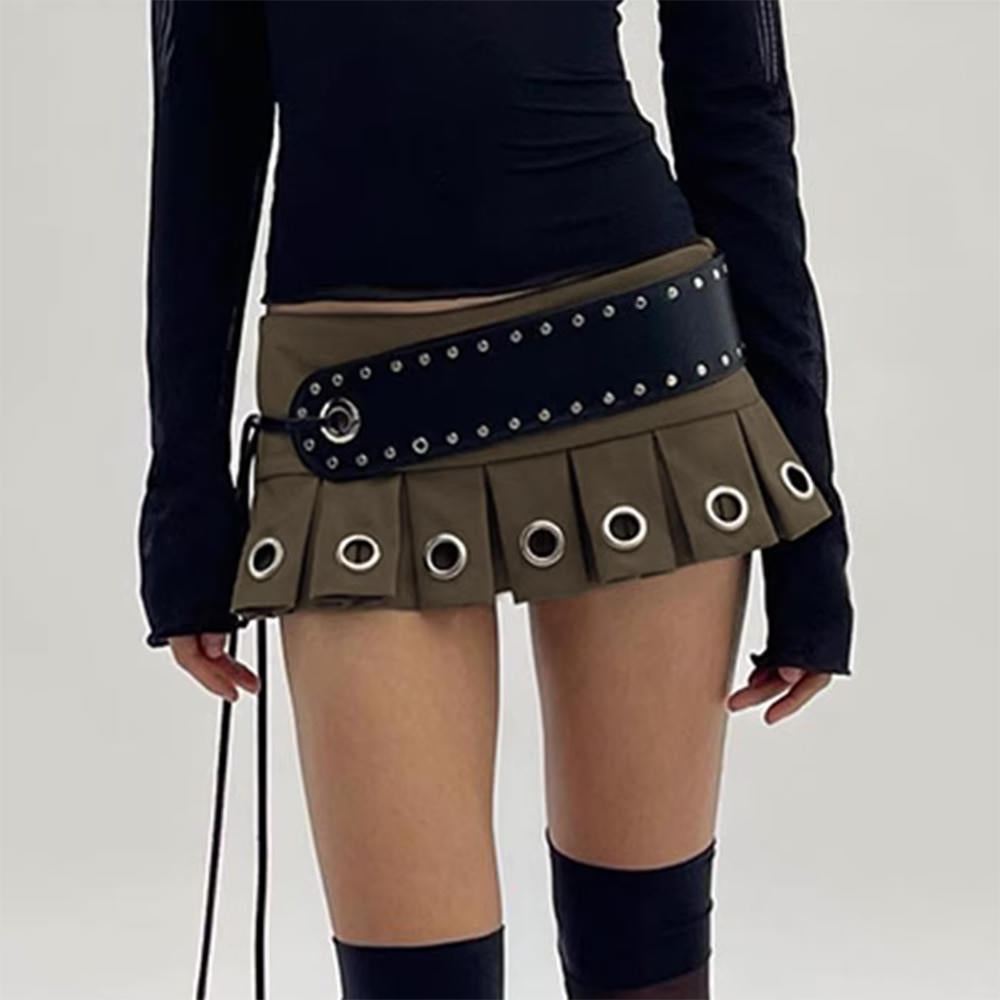 OLIVE GREEN MINI SKIRT WITH BELT EYELET PLEATED MICRO