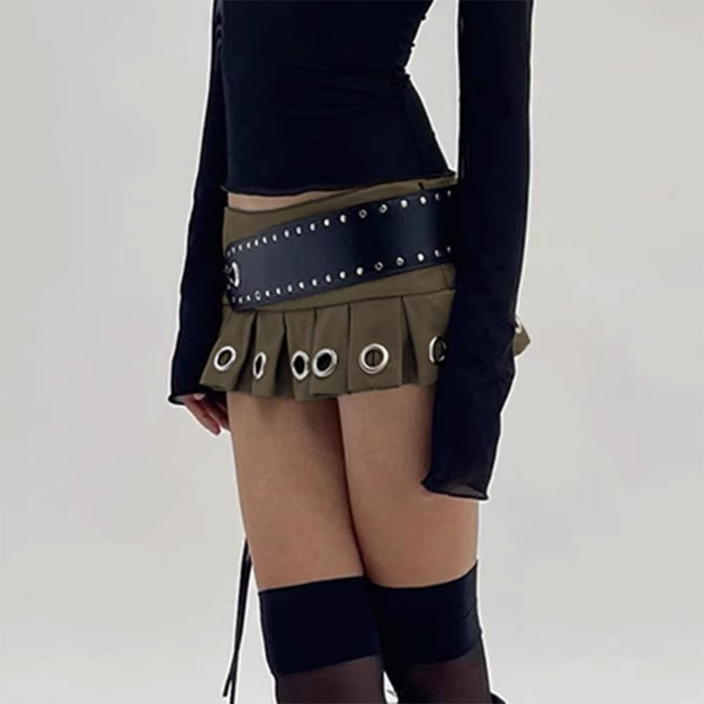 OLIVE GREEN MINI SKIRT WITH BELT EYELET PLEATED MICRO