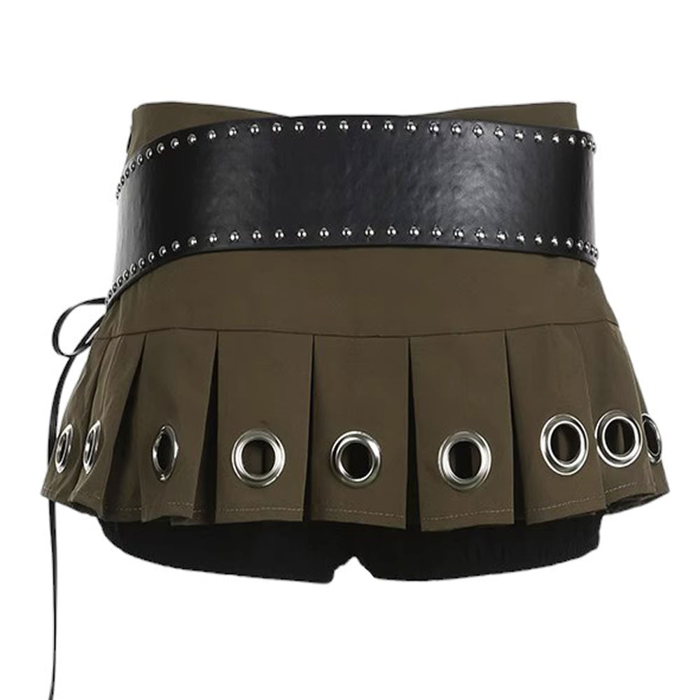 OLIVE GREEN MINI SKIRT WITH BELT EYELET PLEATED MICRO