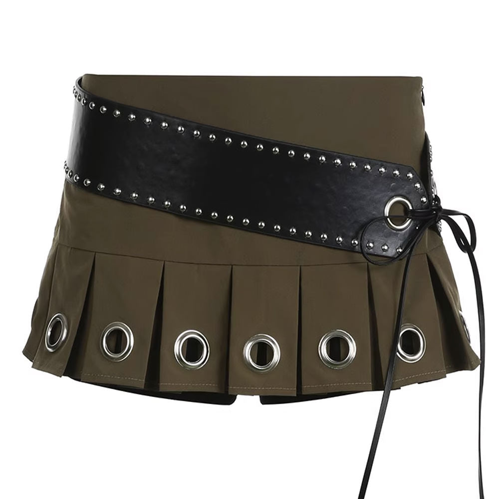 OLIVE GREEN MINI SKIRT WITH BELT EYELET PLEATED MICRO