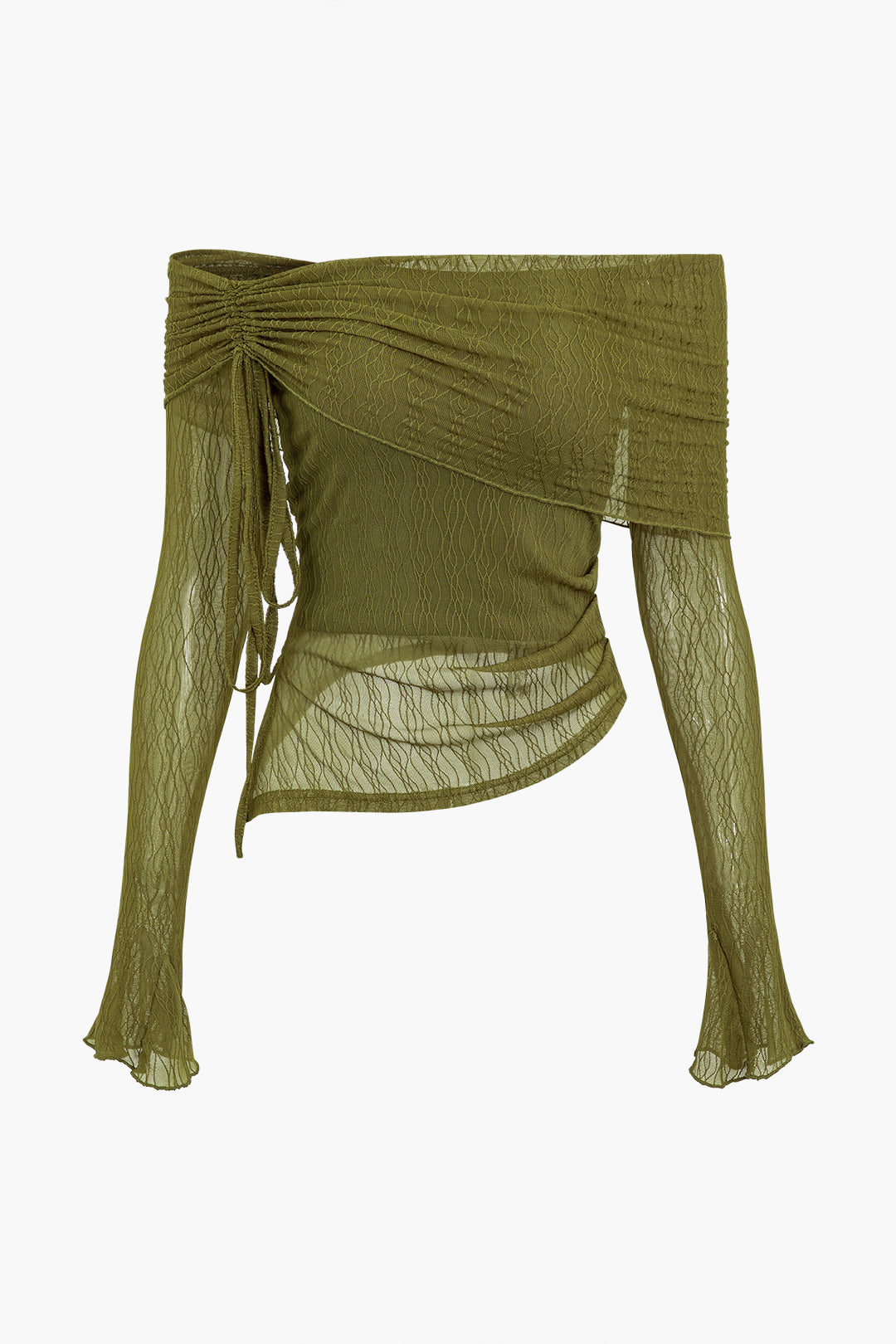 OLIVE GREEN OFF-THE-SHOULDER LONG-SLEEVE TOP WITH SOFT STRETCHY FABRIC
