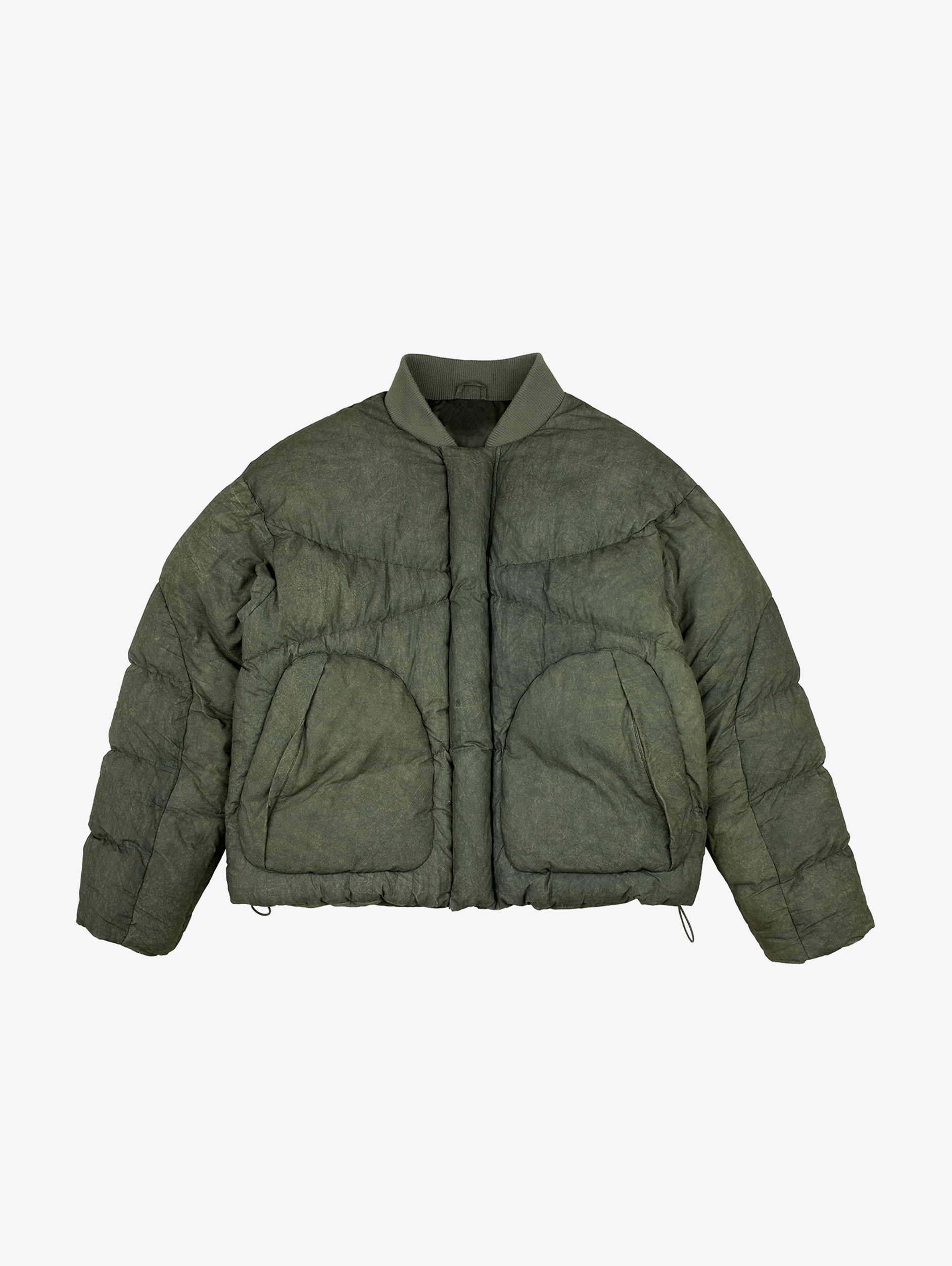 OLIVE GREEN PUFFER JACKET WITH OVERSIZED DROPPED SHOULDER DESIGN