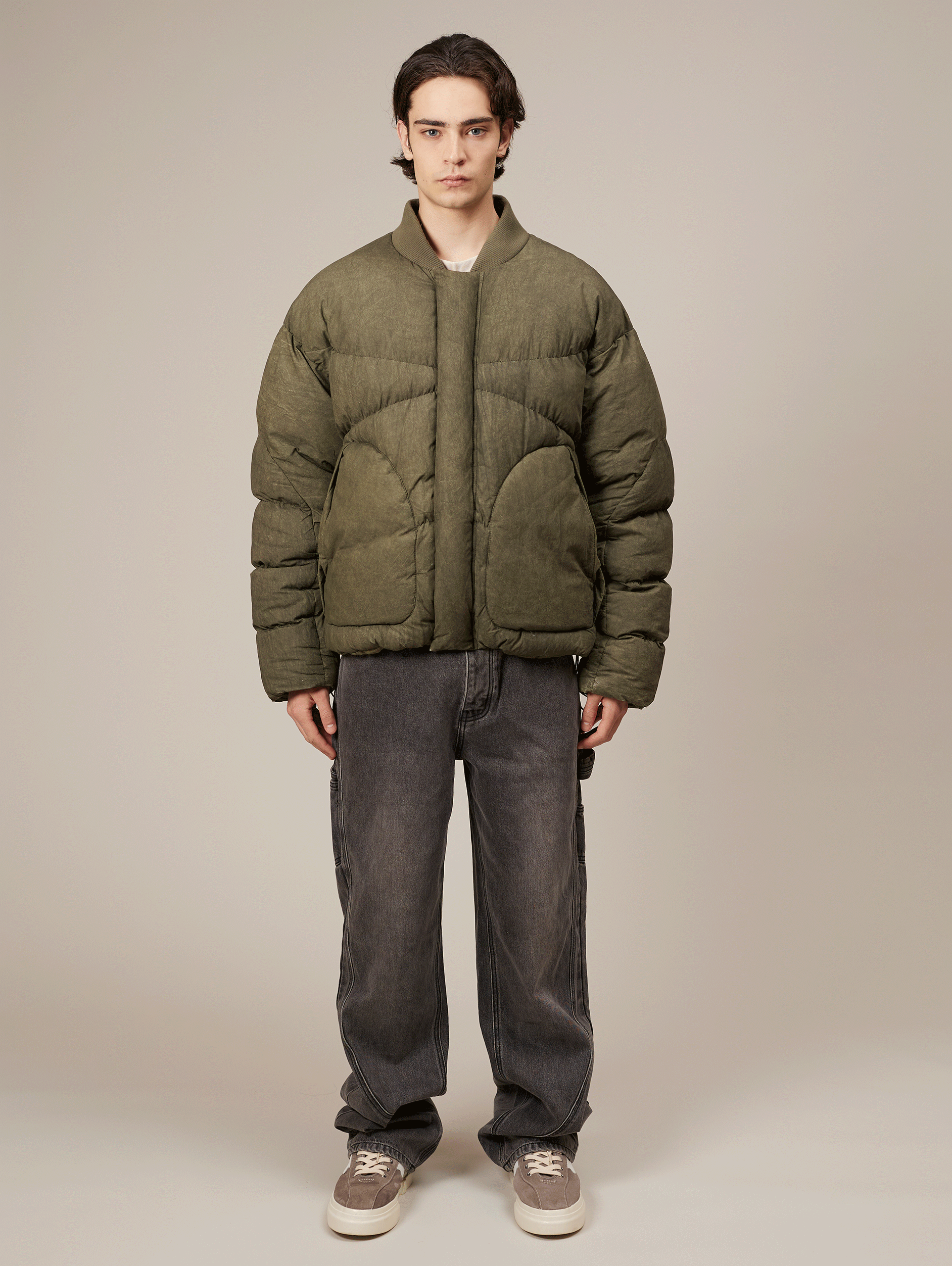 OLIVE GREEN PUFFER JACKET WITH OVERSIZED DROPPED SHOULDER DESIGN