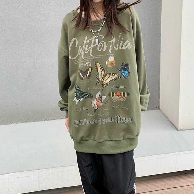 OLIVE GREEN SWEATSHIRT WITH BUTTERFLY PRINT