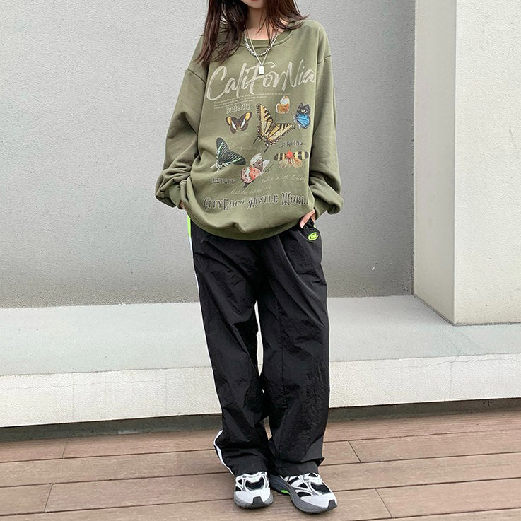 OLIVE GREEN SWEATSHIRT WITH BUTTERFLY PRINT