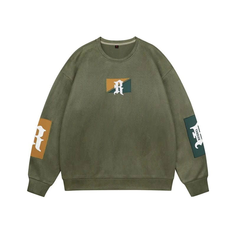 OLIVE GREEN SWEATSHIRT WITH LETTER PATCHES FOR FITNESS GOALS