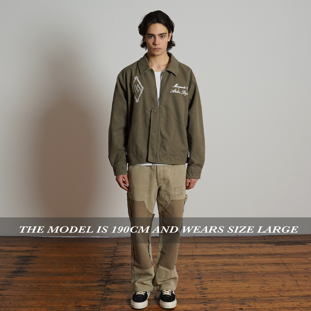 OLIVE GREEN ZIP-UP JACKET OVERSIZED DISTRESSED STREETWEAR