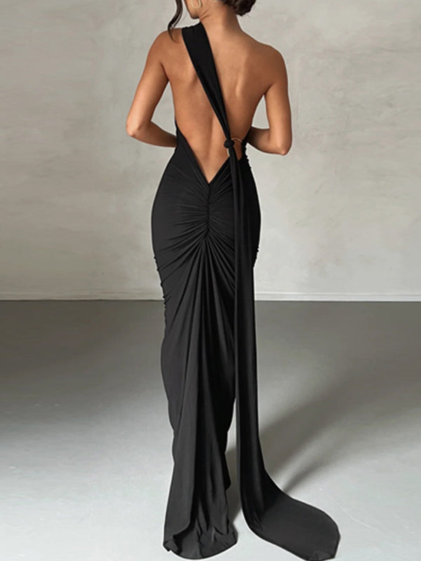 ONE-SHOULDER BACKLESS MAXI DRESS FOR CASUAL VACATION, SLIM FIT DESIGN