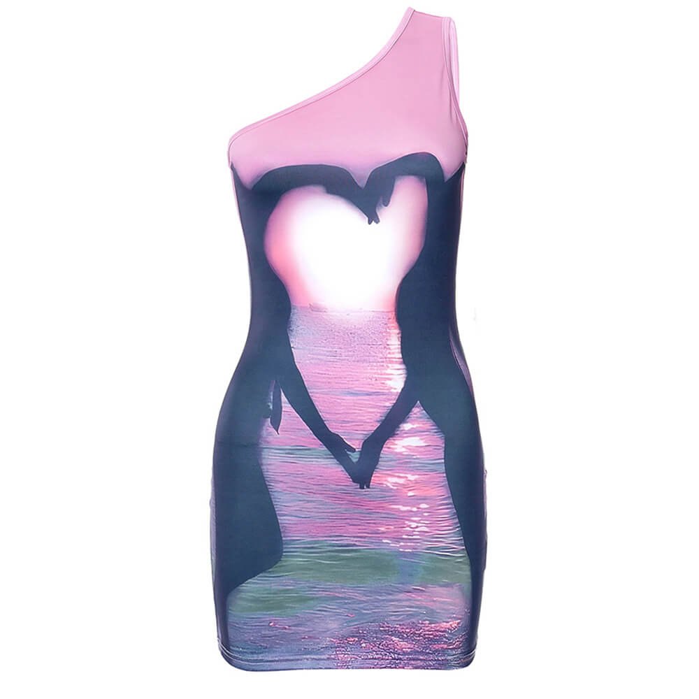 ONE-SHOULDER MINI DRESS WITH HEART SUNSET GRAPHIC Y2K STYLE