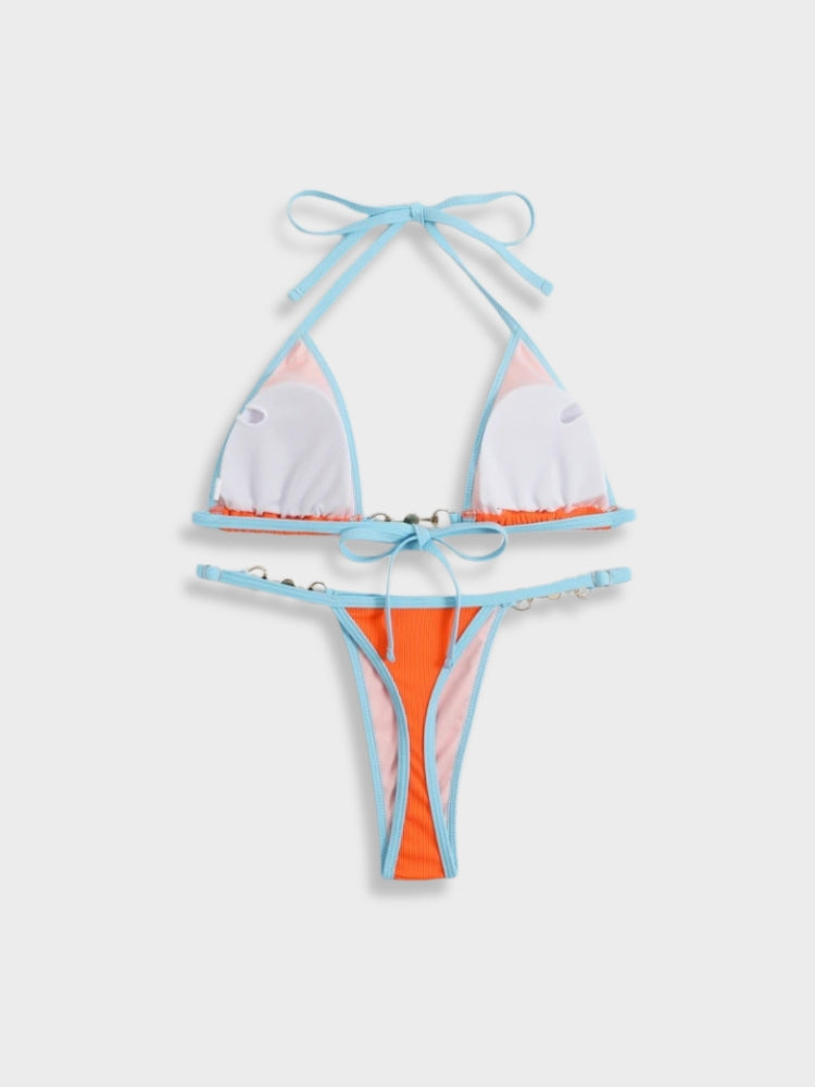 ORANGE AND BLUE BIKINI WITH SIZING GUIDE FOR OPTIMAL FIT