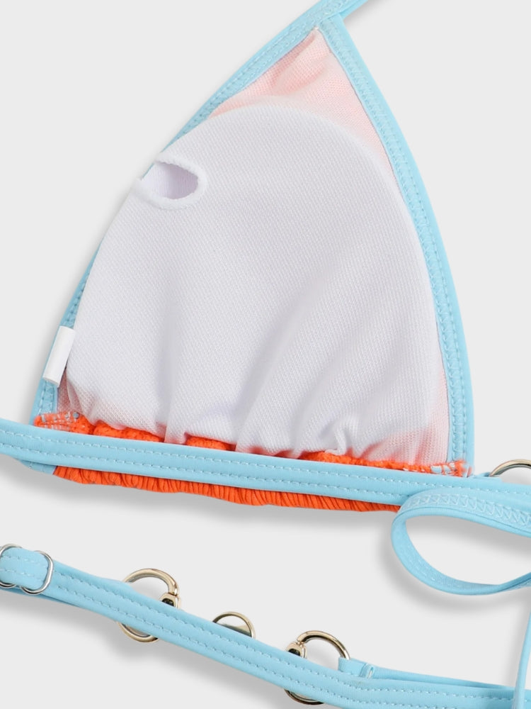 ORANGE AND BLUE BIKINI WITH SIZING GUIDE FOR OPTIMAL FIT