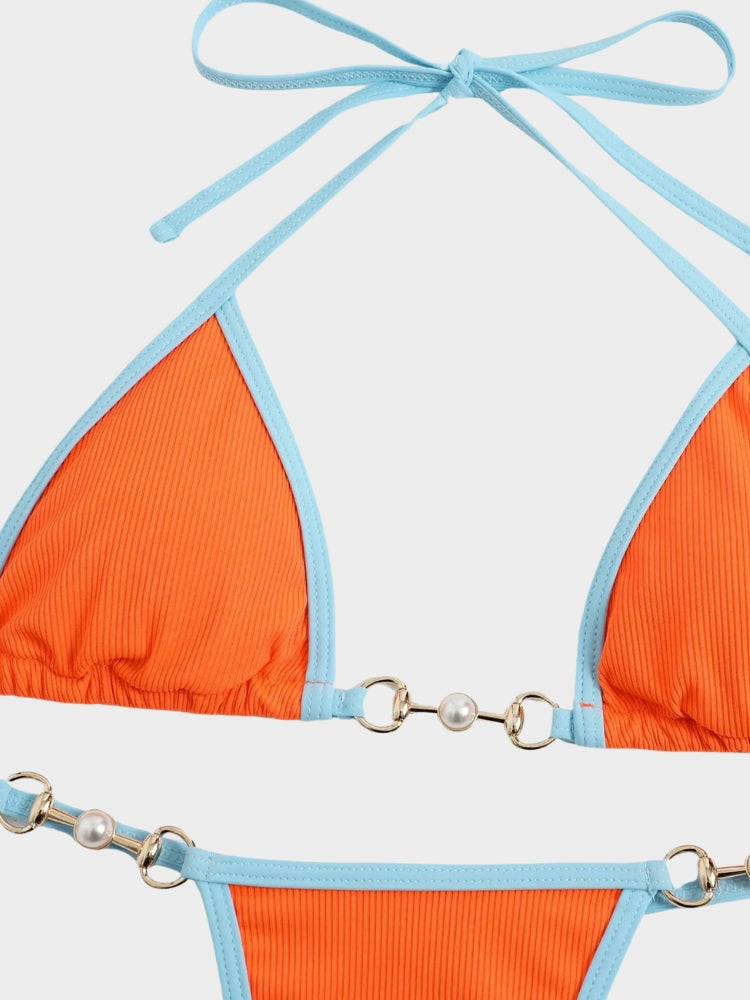 ORANGE AND BLUE BIKINI WITH SIZING GUIDE FOR OPTIMAL FIT