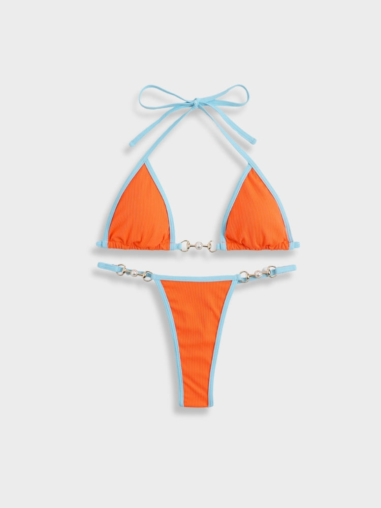 ORANGE AND BLUE BIKINI WITH SIZING GUIDE FOR OPTIMAL FIT