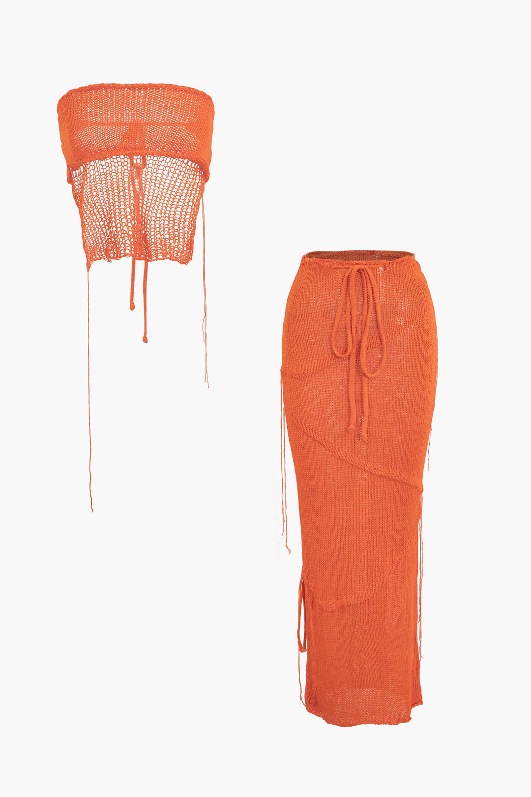 ORANGE KNIT TOP AND SKIRT SET FOR SPECIAL OCCASIONS, SEMI-TRANSPARENT KNITWEAR