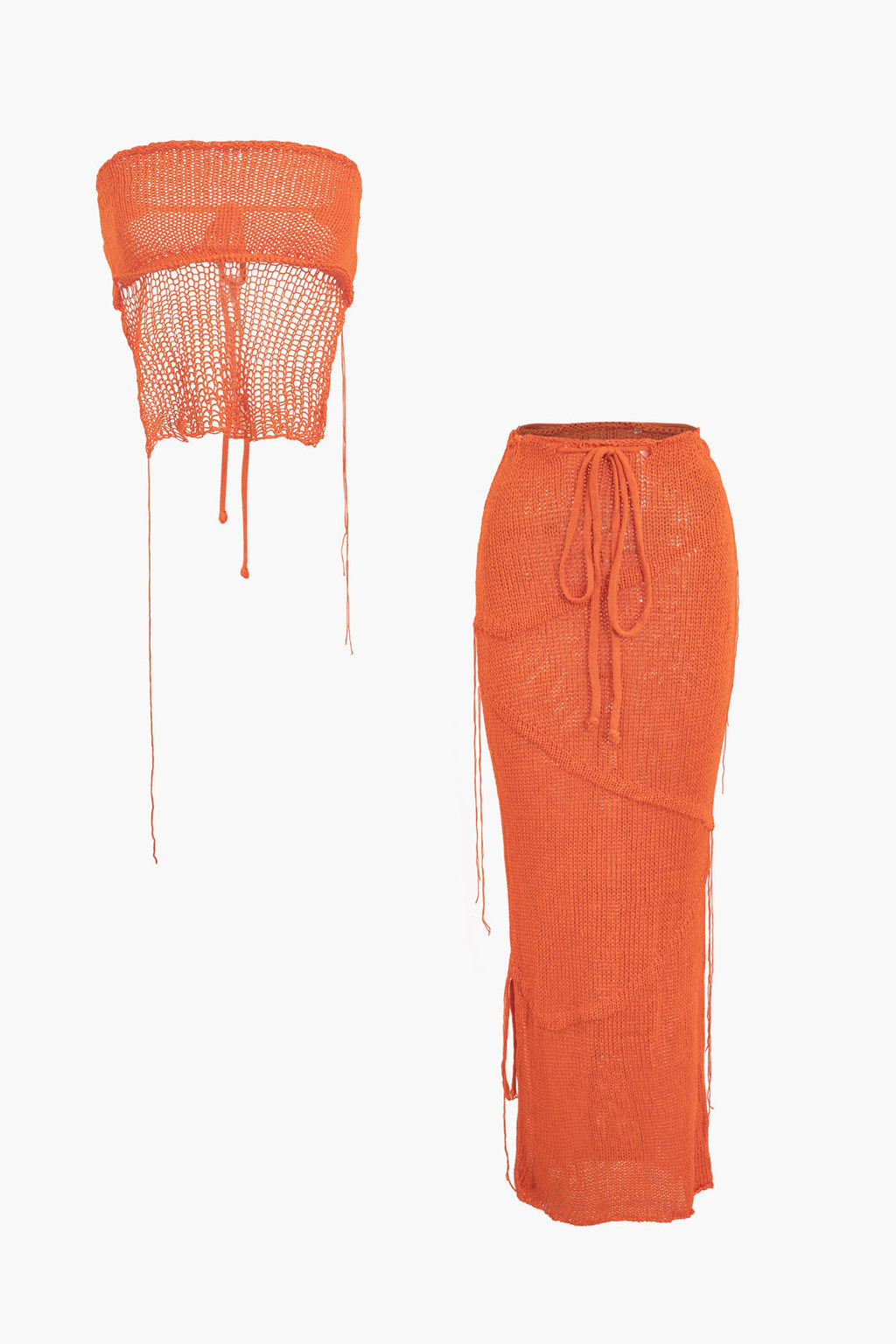 ORANGE KNIT TOP AND SKIRT SET FOR SPECIAL OCCASIONS, SEMI-TRANSPARENT KNITWEAR
