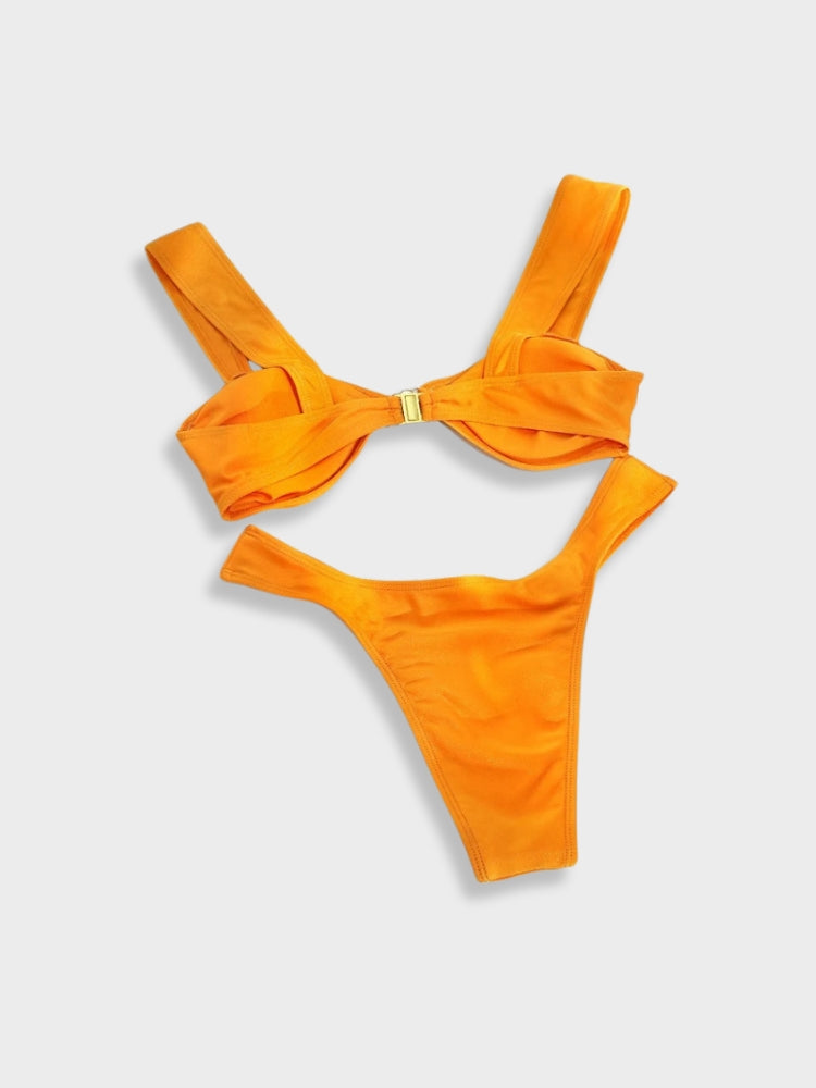 ORANGE TWO-PIECE SWIMSUIT WITH SIZE CHART FOR PERFECT FIT