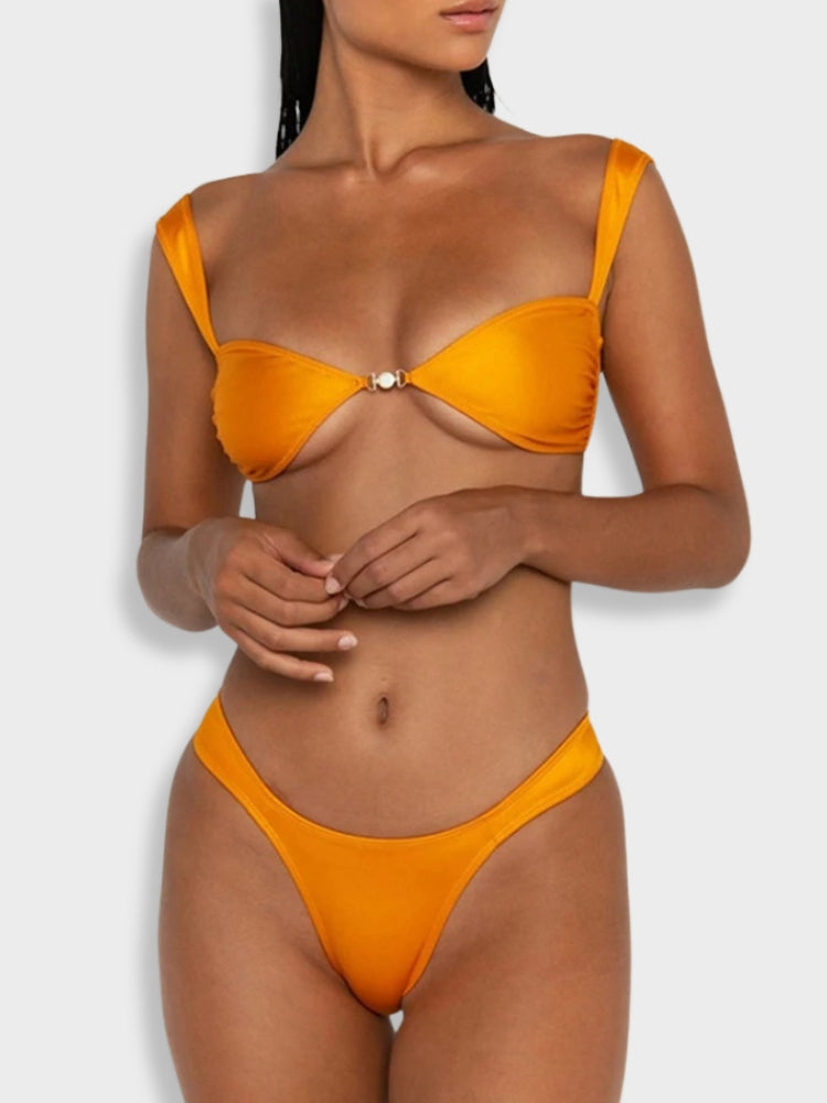 ORANGE TWO-PIECE SWIMSUIT WITH SIZE CHART FOR PERFECT FIT