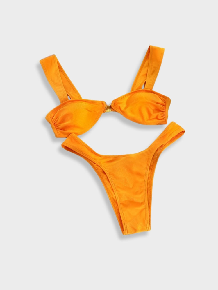 ORANGE TWO-PIECE SWIMSUIT WITH SIZE CHART FOR PERFECT FIT