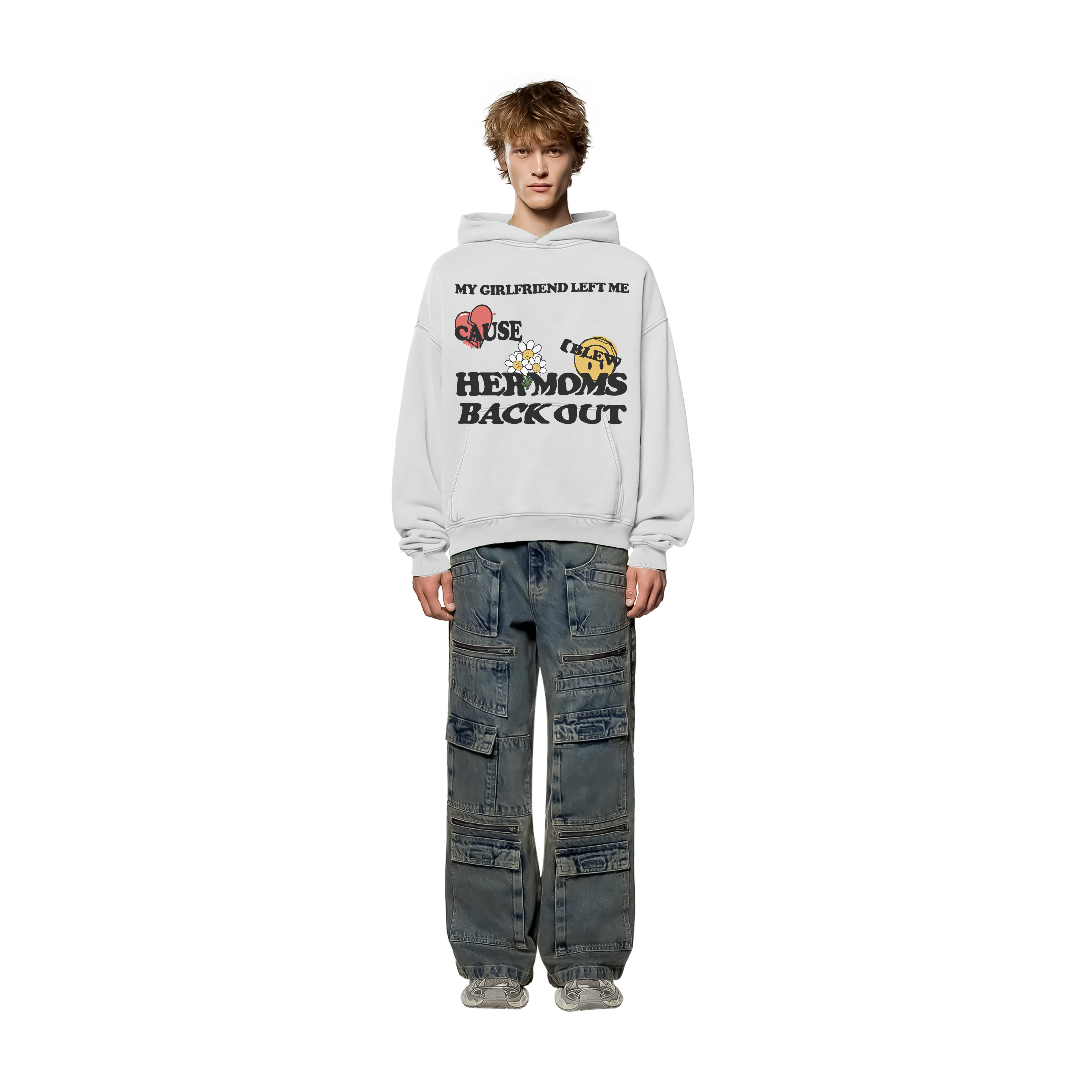 OVERSIZE STREETWEAR HOODIE IN WHITE WITH CAMOUFLAGE PANTS