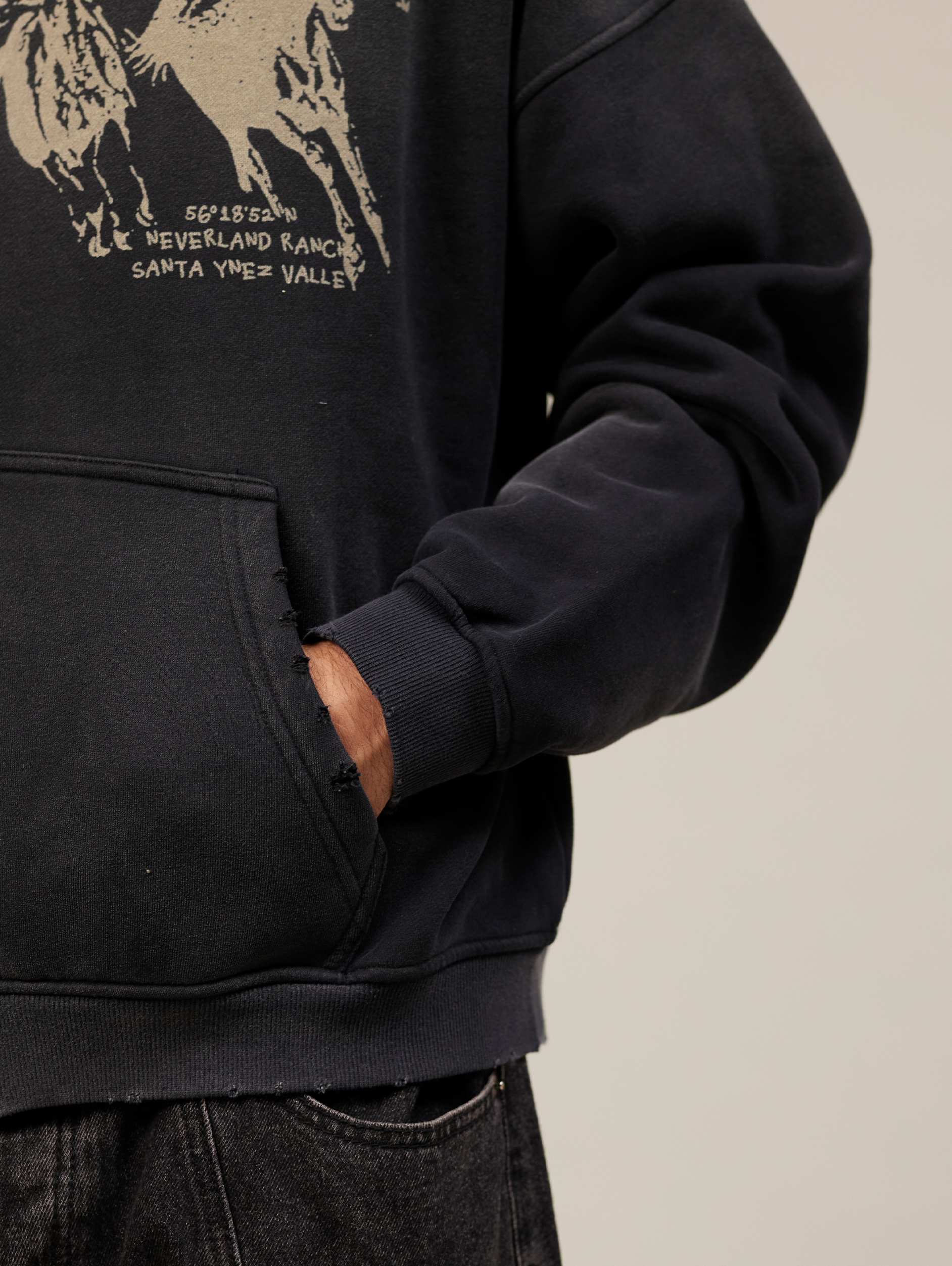 OVERSIZED BLACK COTTON LOOPBACK HOODIE WITH HORSE GRAPHIC