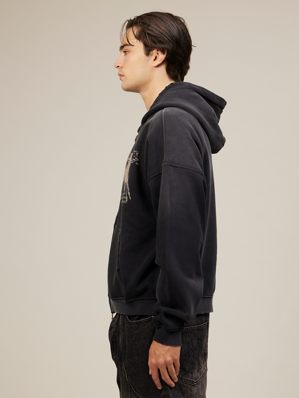 OVERSIZED BLACK COTTON LOOPBACK HOODIE WITH HORSE GRAPHIC