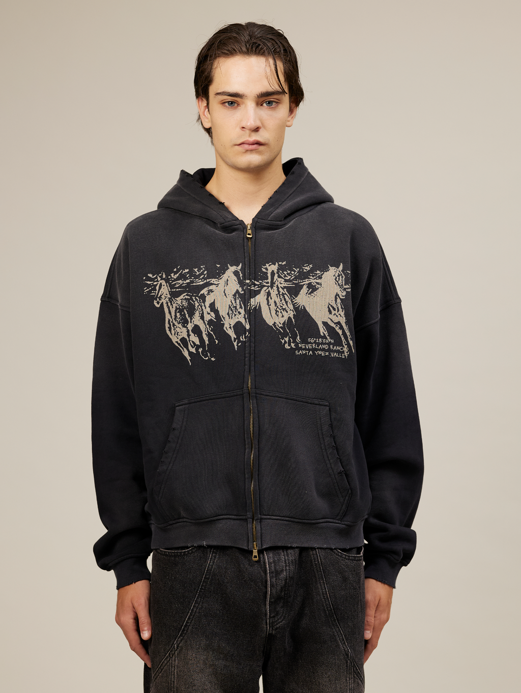 OVERSIZED BLACK COTTON LOOPBACK HOODIE WITH HORSE GRAPHIC