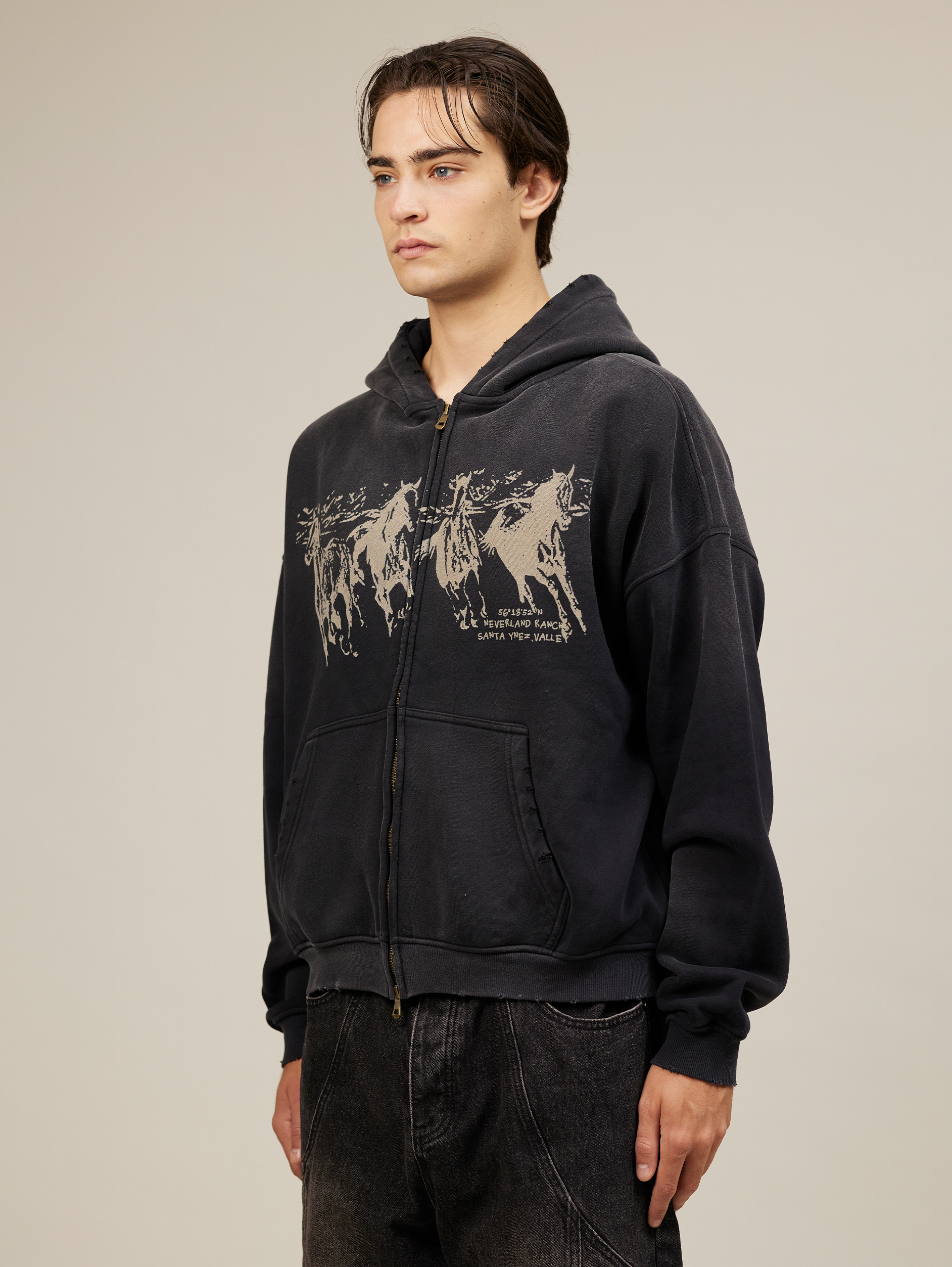 OVERSIZED BLACK COTTON LOOPBACK HOODIE WITH HORSE GRAPHIC