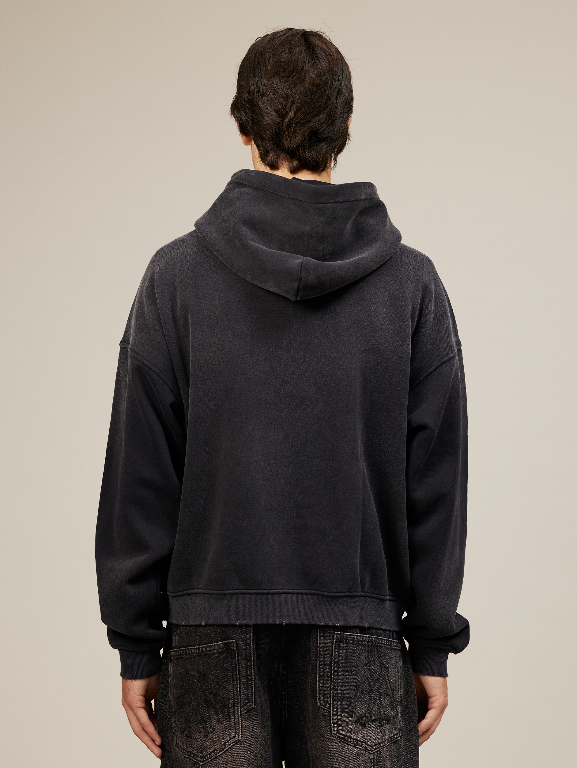OVERSIZED BLACK COTTON LOOPBACK HOODIE WITH HORSE GRAPHIC