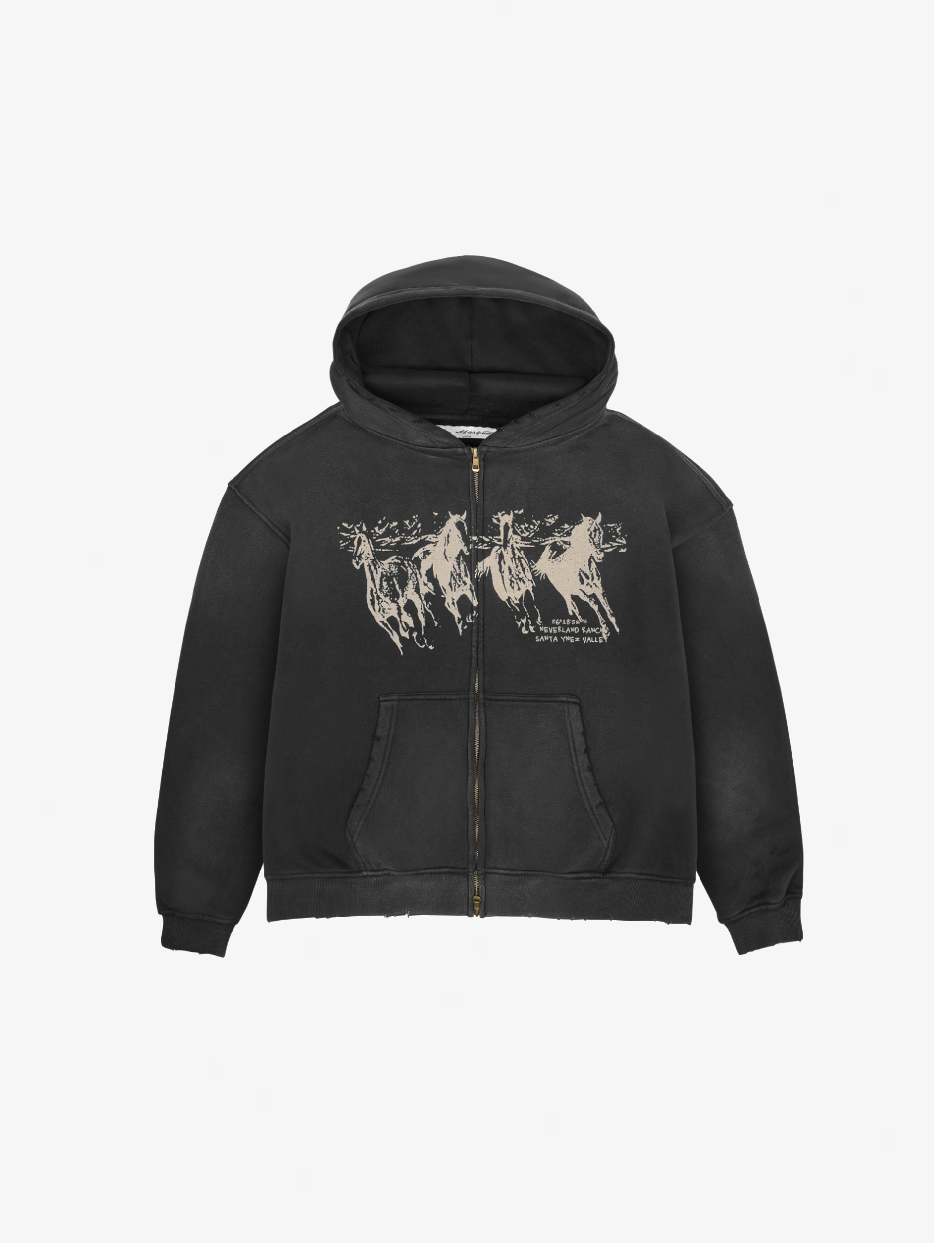 OVERSIZED BLACK COTTON LOOPBACK HOODIE WITH HORSE GRAPHIC