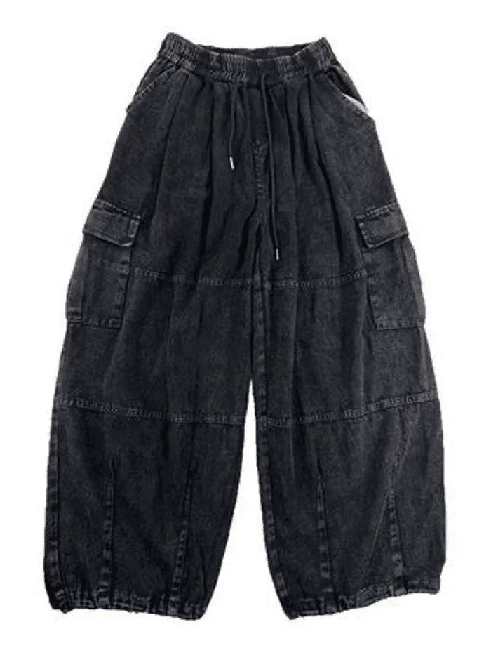 OVERSIZED BLACK DENIM CARGO PANTS - TRENDY BAGGY CARGO STYLE